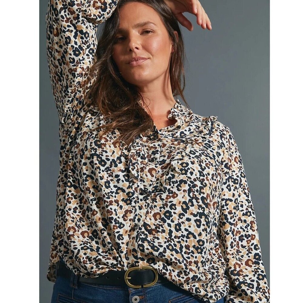 Anthropologie Maeve Womens Plus 18W Katia Ruffled Leopard Button Up Shirt Top